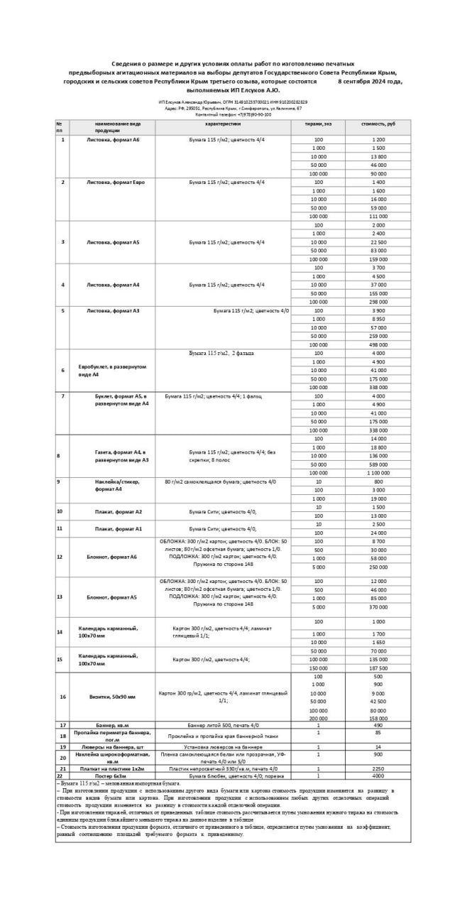 Прайс-лист по изготовлению печатных предвыборных агитационных материалов